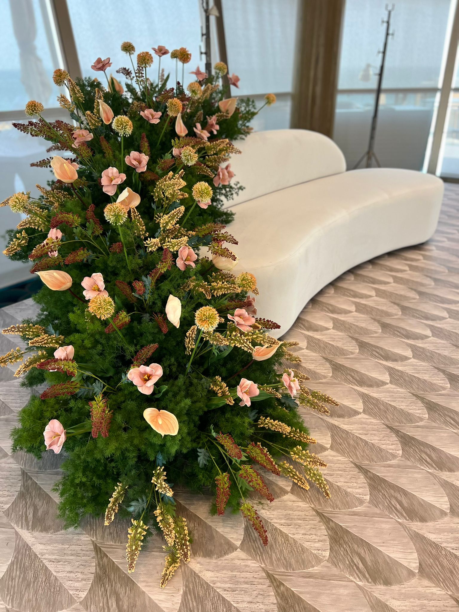 Natural artificial flower mix stage
Natural Green Sparks 
Artificial Pink Tulip 
Antrim Apricot Artificial 
Industrial Allium Orange 
Fronca Orange Synthetic